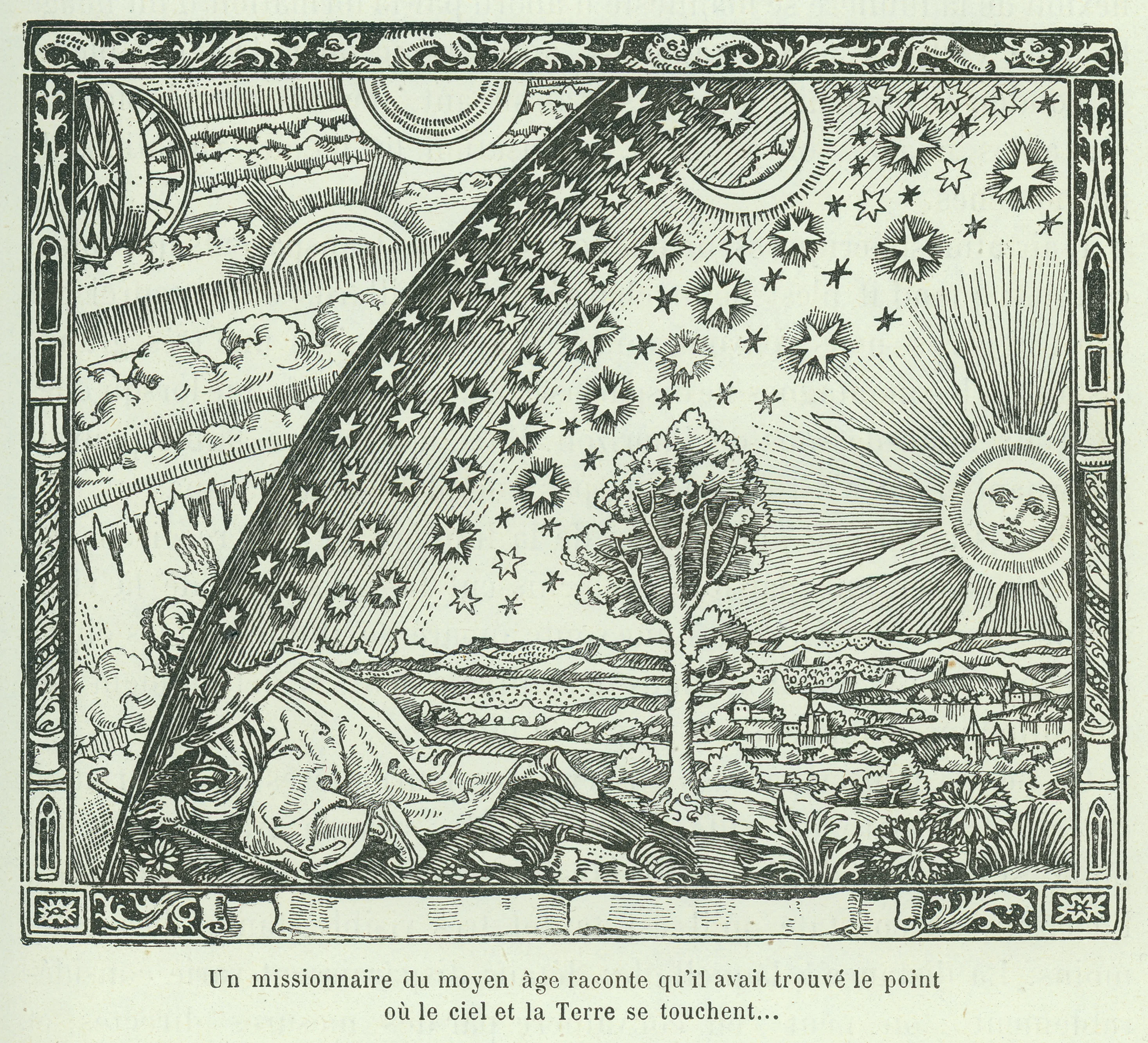 El pie de la ilustración reza: "Un misionero medieval cuenta que había encontrado el lugar en el que el Cielo y la Tierra se encontraban..."