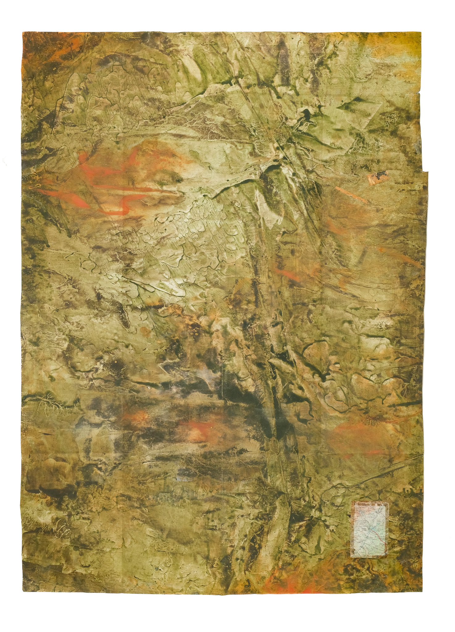 Montseny, Catalunya. 2025, fragmento de mapa, acrílicos, pigmentos y sulfato de hierro sobre papel, 150 × 100 cm