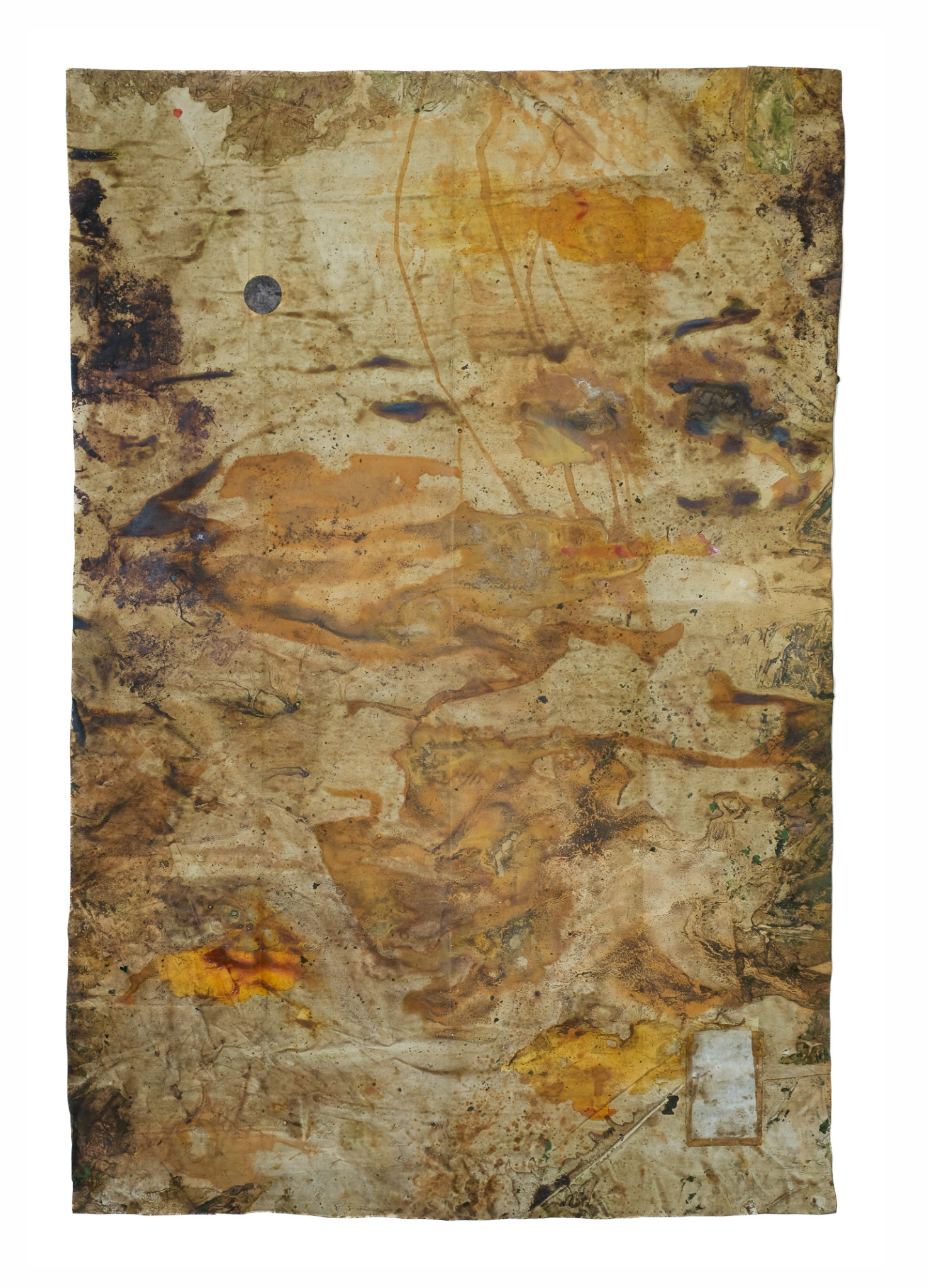Secano. 2025, fragmento de mapa, acrílicos, pigmentos y sulfato de hierro sobre papel, 150 × 100 cm